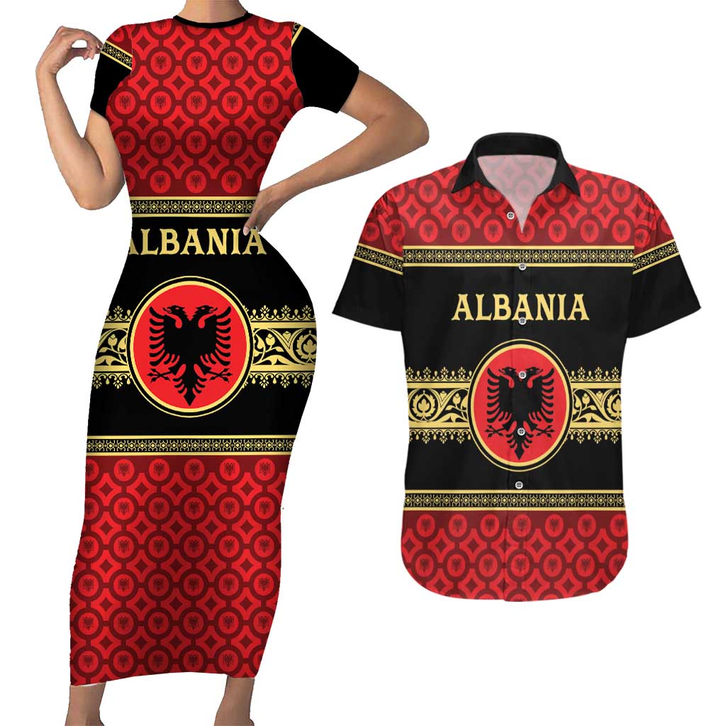 Personalized Albania Eagle Couples Matching Short Sleeve Bodycon Dress and Hawaiian Shirt Red and Black Heritage - Wonder Print Shop