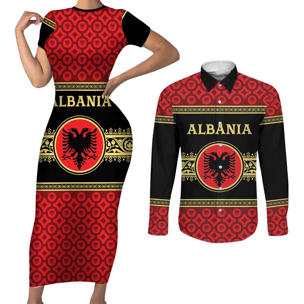 Personalized Albania Eagle Couples Matching Short Sleeve Bodycon Dress and Long Sleeve Button Shirt Red and Black Heritage - Wonder Print Shop