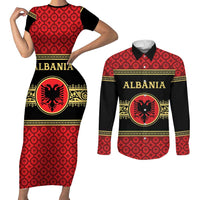 Personalized Albania Eagle Couples Matching Short Sleeve Bodycon Dress and Long Sleeve Button Shirt Red and Black Heritage - Wonder Print Shop