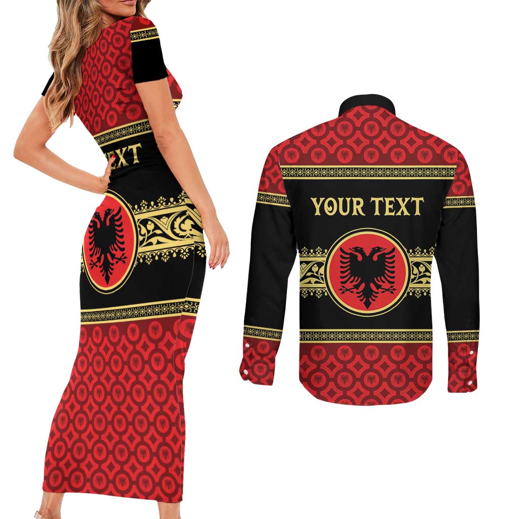 Personalized Albania Eagle Couples Matching Short Sleeve Bodycon Dress and Long Sleeve Button Shirt Red and Black Heritage - Wonder Print Shop