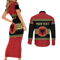 Personalized Albania Eagle Couples Matching Short Sleeve Bodycon Dress and Long Sleeve Button Shirt Red and Black Heritage - Wonder Print Shop