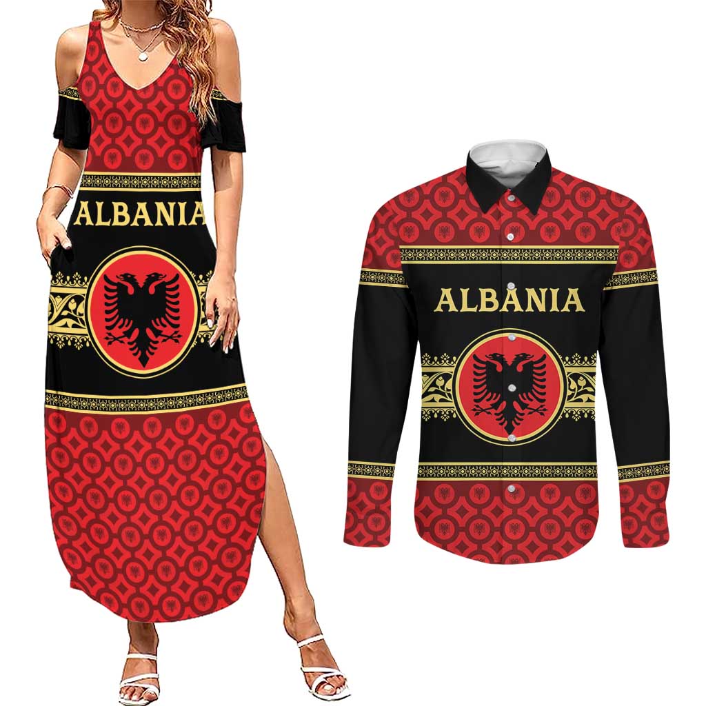 Personalized Albania Eagle Couples Matching Summer Maxi Dress and Long Sleeve Button Shirt Red and Black Heritage - Wonder Print Shop