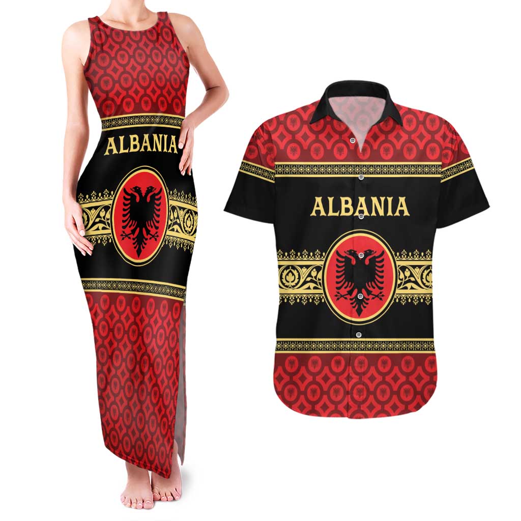 Personalized Albania Eagle Couples Matching Tank Maxi Dress and Hawaiian Shirt Red and Black Heritage - Wonder Print Shop