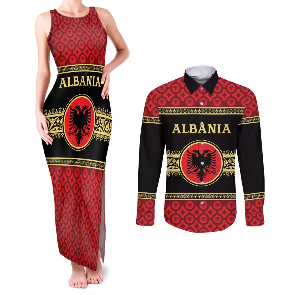 Personalized Albania Eagle Couples Matching Tank Maxi Dress and Long Sleeve Button Shirt Red and Black Heritage - Wonder Print Shop