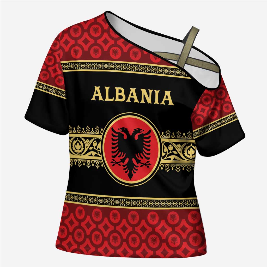 Personalized Albania Eagle Cross Shoulder Shirt Red and Black Heritage - Wonder Print Shop