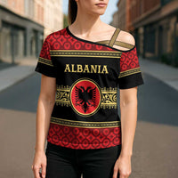 Personalized Albania Eagle Cross Shoulder Shirt Red and Black Heritage - Wonder Print Shop