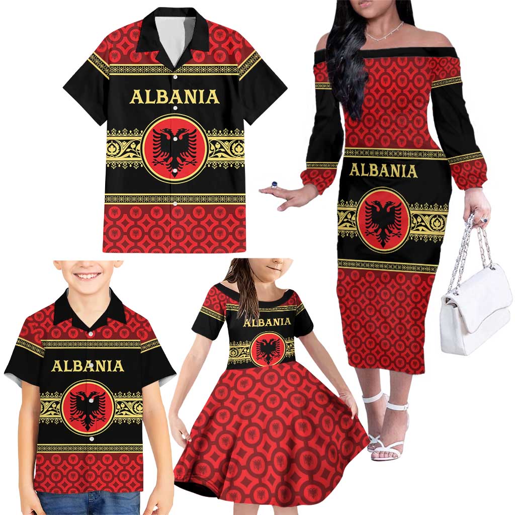 Personalized Albania Eagle Family Matching Off The Shoulder Long Sleeve Dress and Hawaiian Shirt Red and Black Heritage - Wonder Print Shop