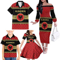 Personalized Albania Eagle Family Matching Off The Shoulder Long Sleeve Dress and Hawaiian Shirt Red and Black Heritage - Wonder Print Shop