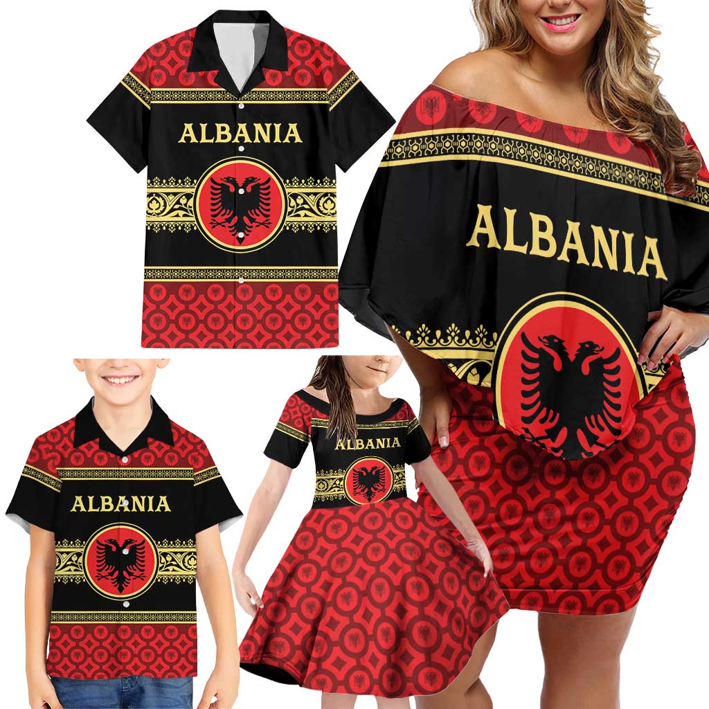 Personalized Albania Eagle Family Matching Off Shoulder Short Dress and Hawaiian Shirt Red and Black Heritage - Wonder Print Shop