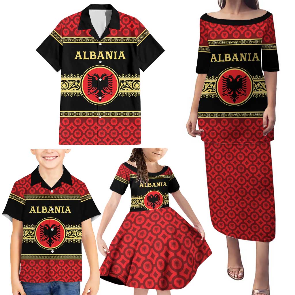 Personalized Albania Eagle Family Matching Puletasi and Hawaiian Shirt Red and Black Heritage - Wonder Print Shop
