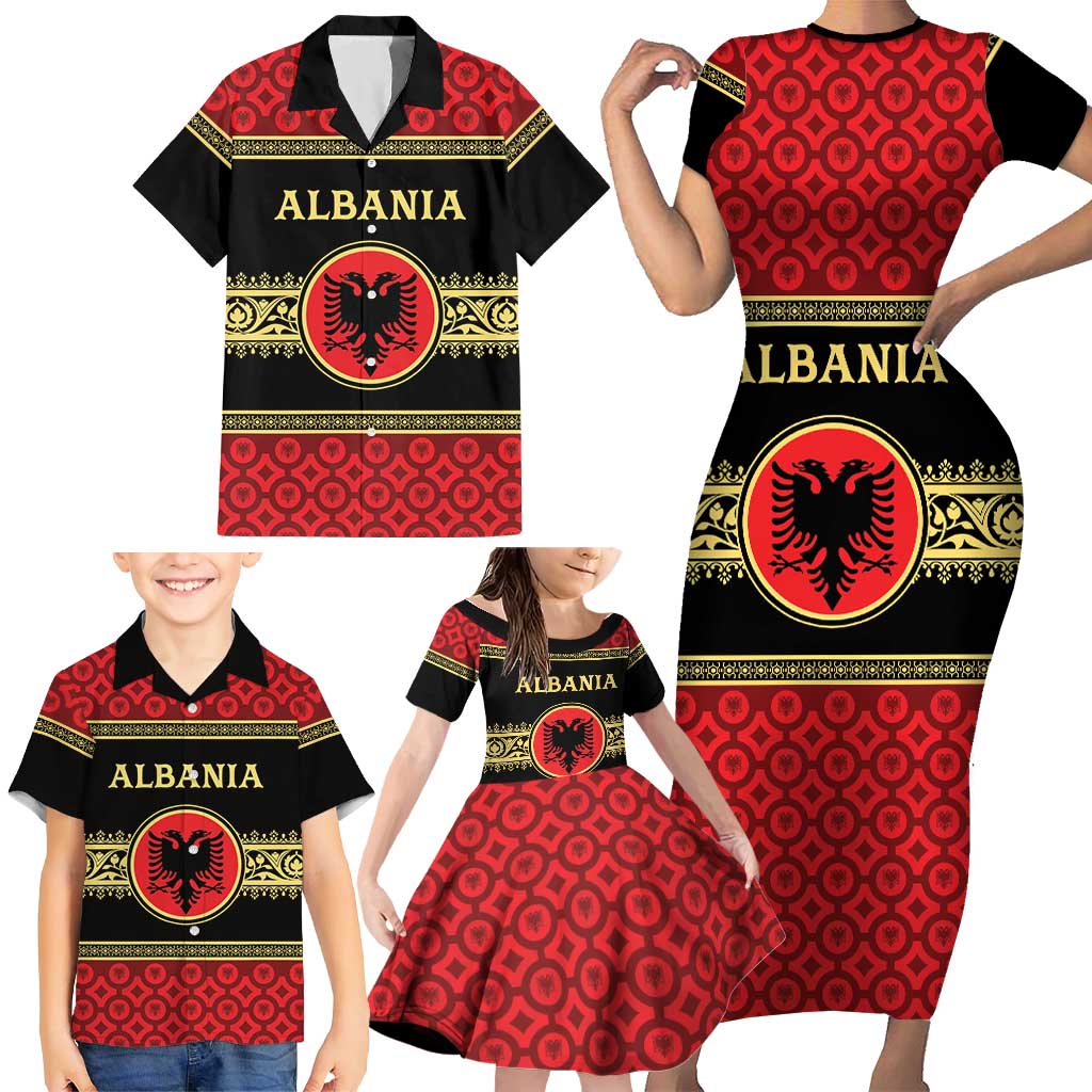Personalized Albania Eagle Family Matching Short Sleeve Bodycon Dress and Hawaiian Shirt Red and Black Heritage - Wonder Print Shop