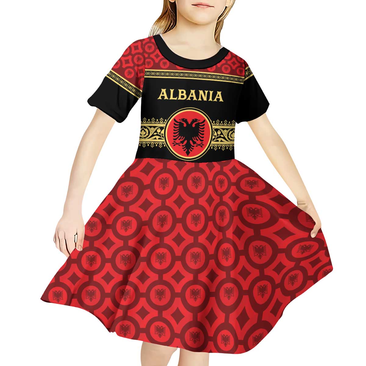Personalized Albania Eagle Kid Short Sleeve Dress Red and Black Heritage - Wonder Print Shop
