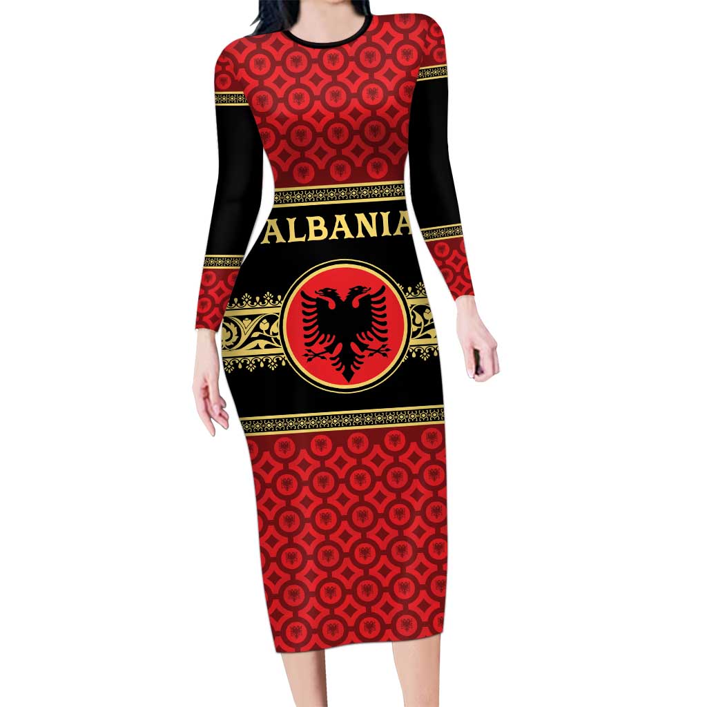 Personalized Albania Eagle Long Sleeve Bodycon Dress Red and Black Heritage - Wonder Print Shop