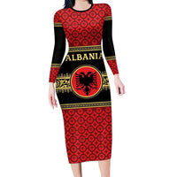 Personalized Albania Eagle Long Sleeve Bodycon Dress Red and Black Heritage - Wonder Print Shop