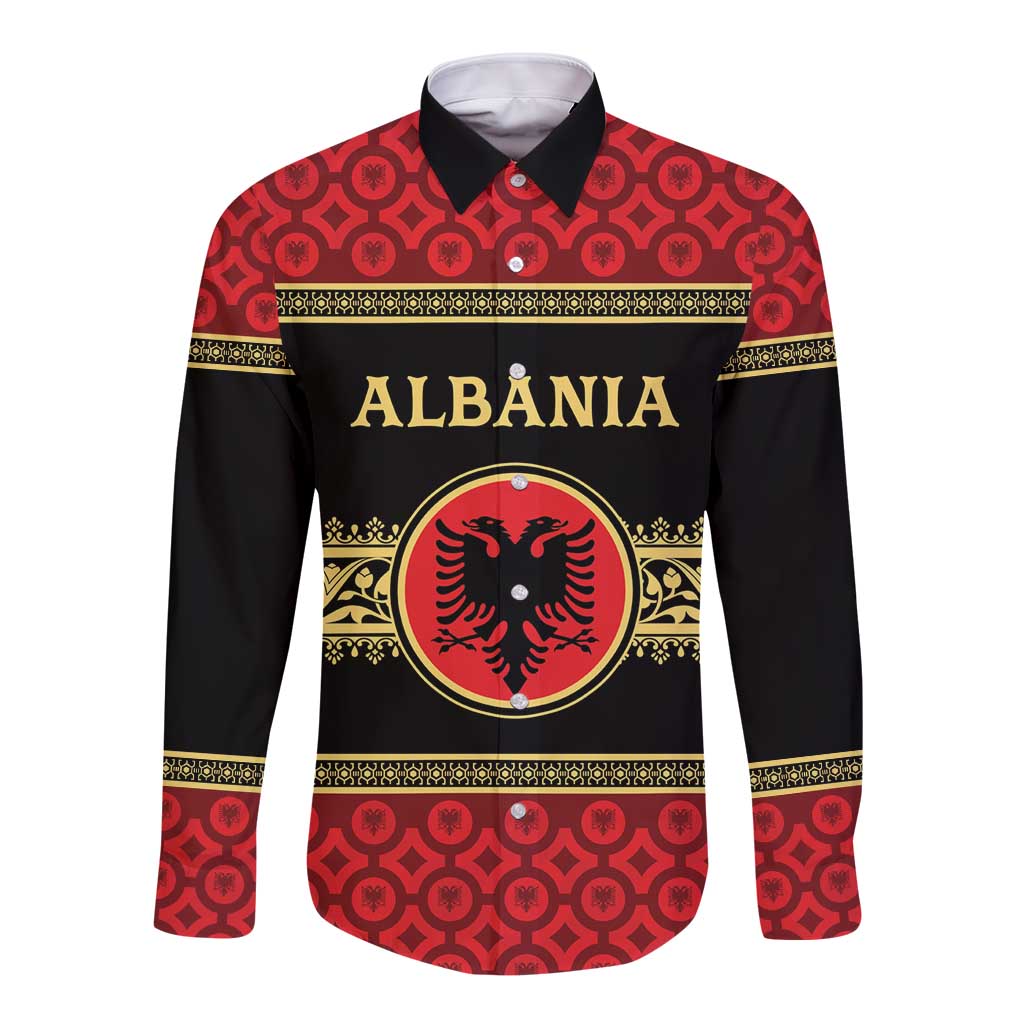Personalized Albania Eagle Long Sleeve Button Shirt Red and Black Heritage - Wonder Print Shop