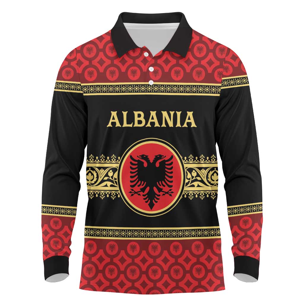 Personalized Albania Eagle Long Sleeve Polo Shirt Red and Black Heritage - Wonder Print Shop