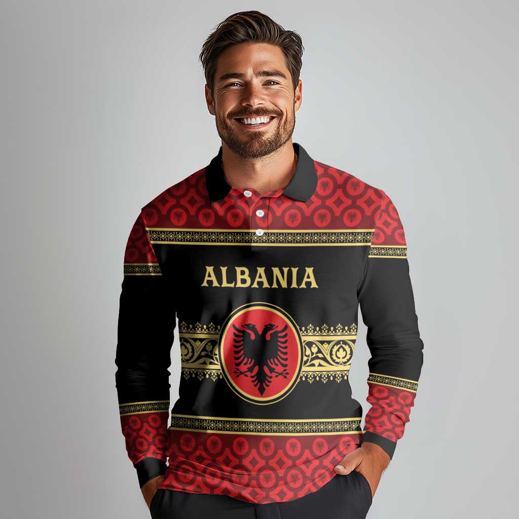 Personalized Albania Eagle Long Sleeve Polo Shirt Red and Black Heritage - Wonder Print Shop