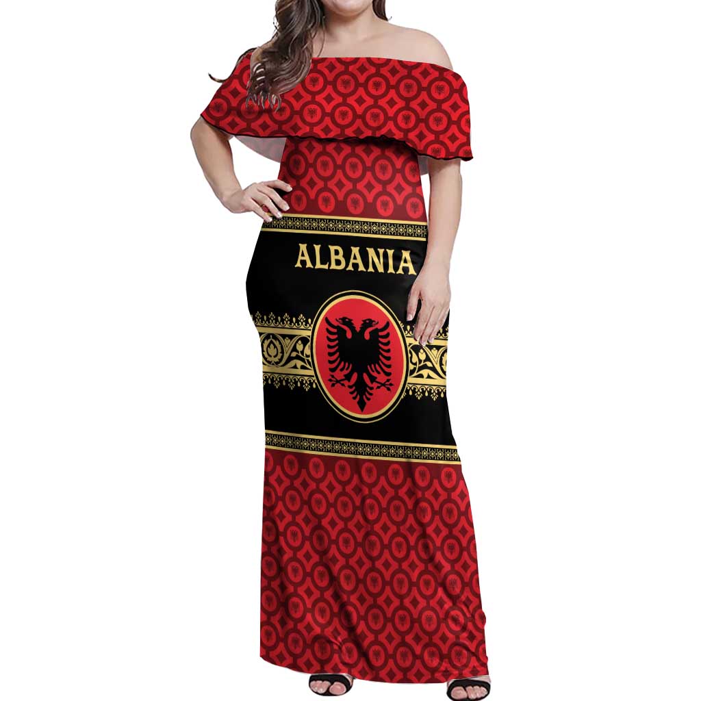 Personalized Albania Eagle Off Shoulder Maxi Dress Red and Black Heritage - Wonder Print Shop