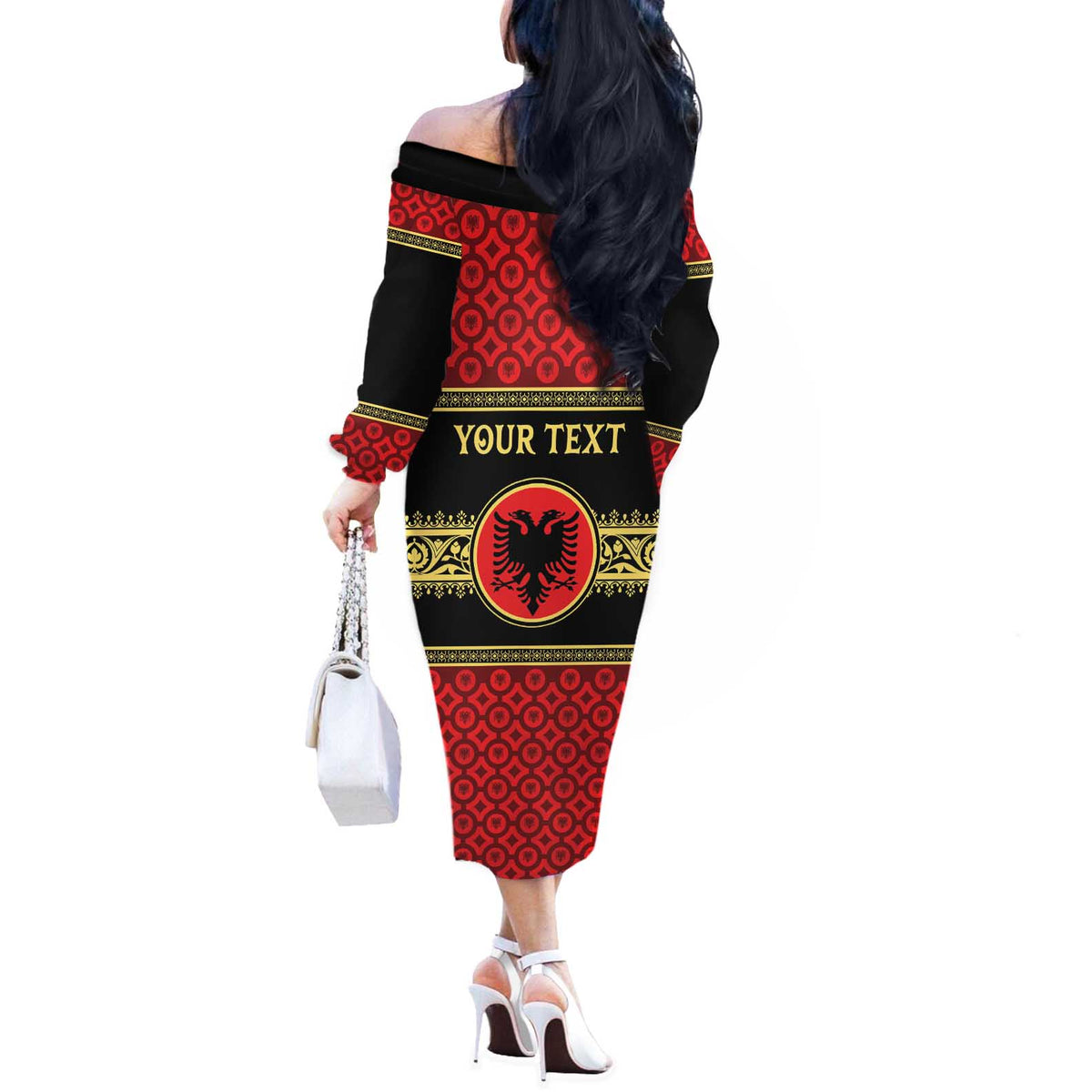 Personalized Albania Eagle Off The Shoulder Long Sleeve Dress Red and Black Heritage - Wonder Print Shop
