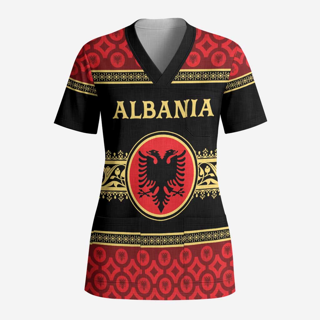 Personalized Albania Eagle Scrub Top Red and Black Heritage - Wonder Print Shop