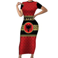 Personalized Albania Eagle Short Sleeve Bodycon Dress Red and Black Heritage - Wonder Print Shop
