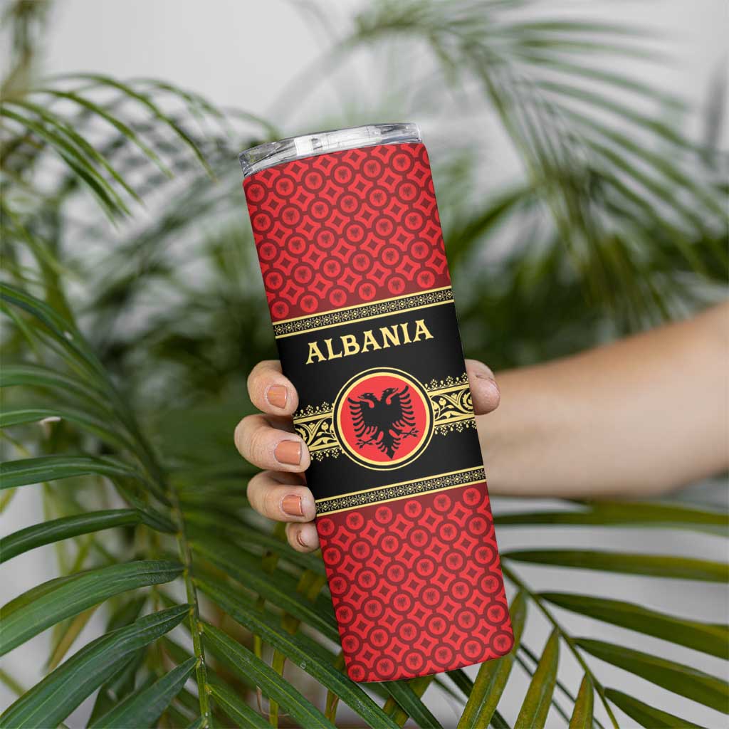 Personalized Albania Eagle Skinny Tumbler Red and Black Heritage - Wonder Print Shop