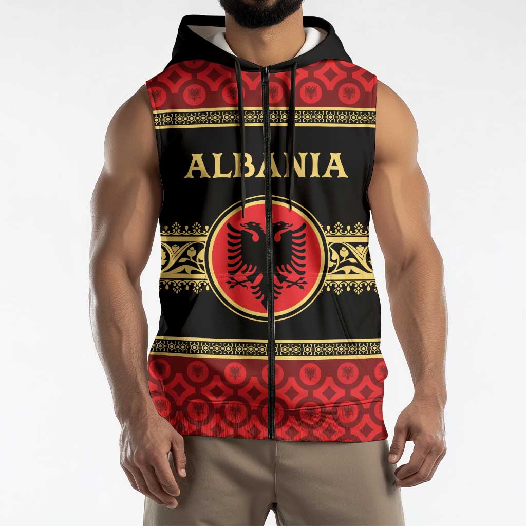 Personalized Albania Eagle Sleeveless Zip Hoodie Red and Black Heritage - Wonder Print Shop