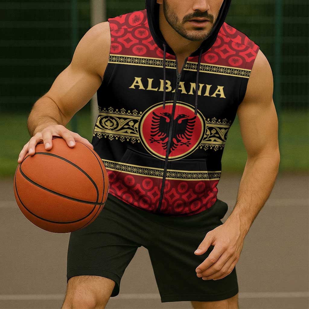 Personalized Albania Eagle Sleeveless Zip Hoodie Red and Black Heritage - Wonder Print Shop