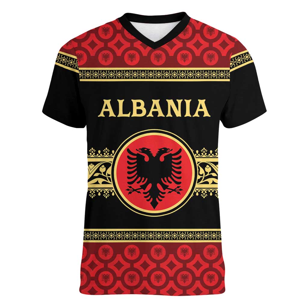 Personalized Albania Eagle Women V-Neck T-Shirt Red and Black Heritage - Wonder Print Shop