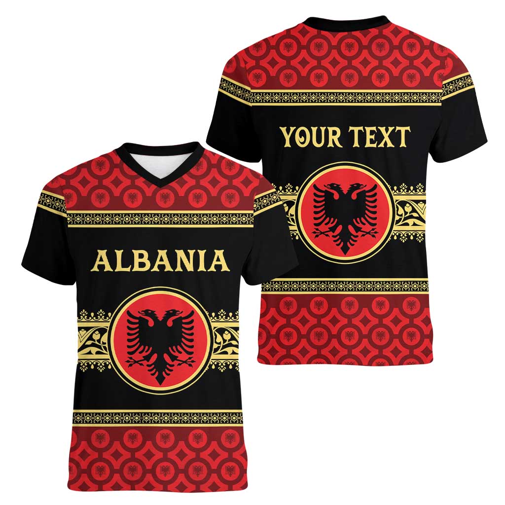 Personalized Albania Eagle Women V-Neck T-Shirt Red and Black Heritage - Wonder Print Shop