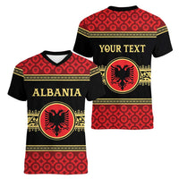Personalized Albania Eagle Women V-Neck T-Shirt Red and Black Heritage - Wonder Print Shop