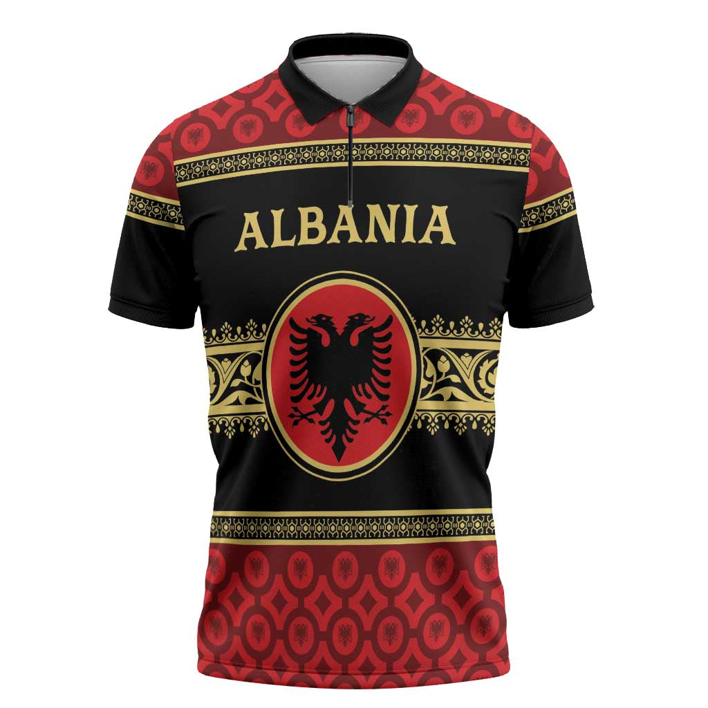 Personalized Albania Eagle Zipper Polo Shirt Red and Black Heritage - Wonder Print Shop