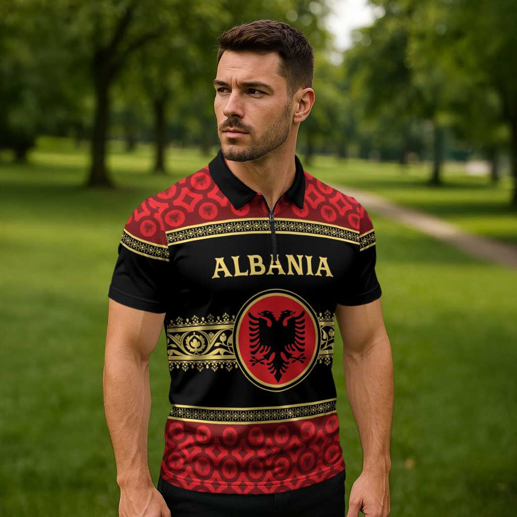 Personalized Albania Eagle Zipper Polo Shirt Red and Black Heritage - Wonder Print Shop