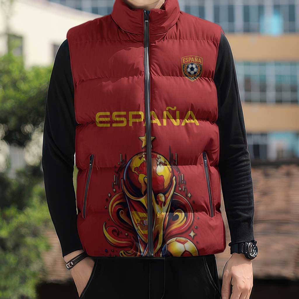Custom World Football 2026 Spain Sleeveless Puffer Jacket Road To Champions Dream - Wonder Print Shop