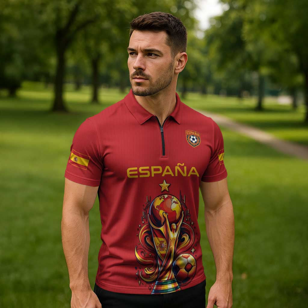 Custom World Football 2026 Spain Zipper Polo Shirt Road To Champions Dream - Wonder Print Shop
