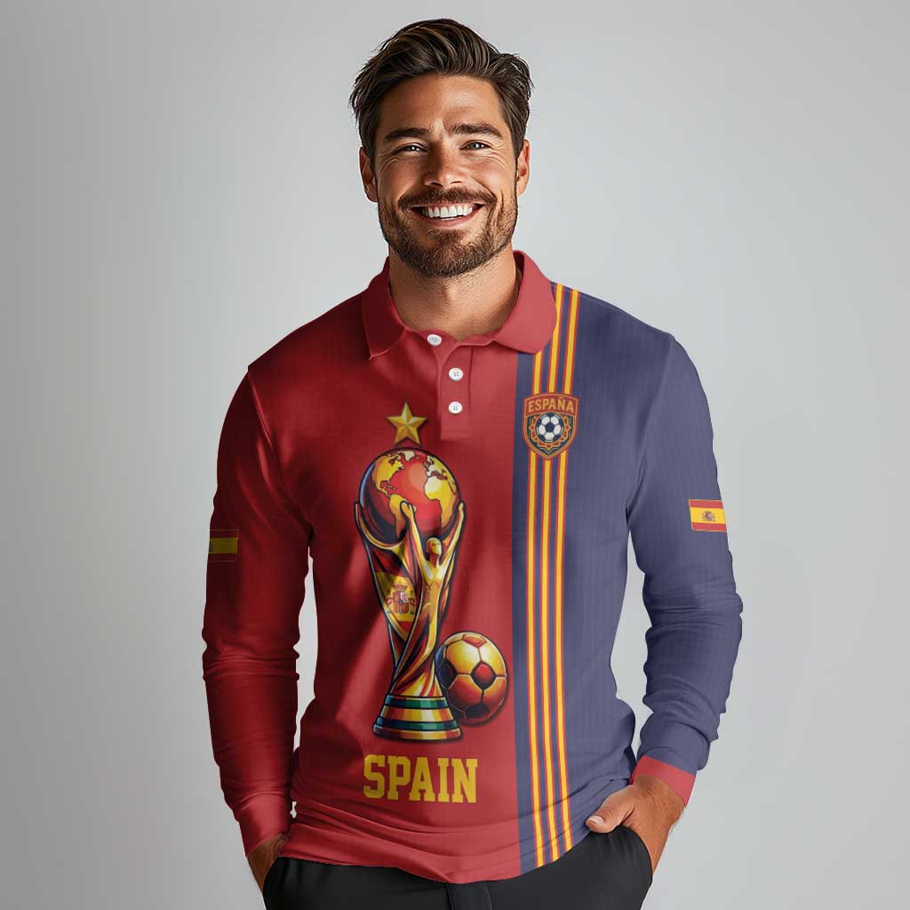 Custom World Football 2026 Spain Long Sleeve Polo Shirt Road To The Champions - Wonder Print Shop