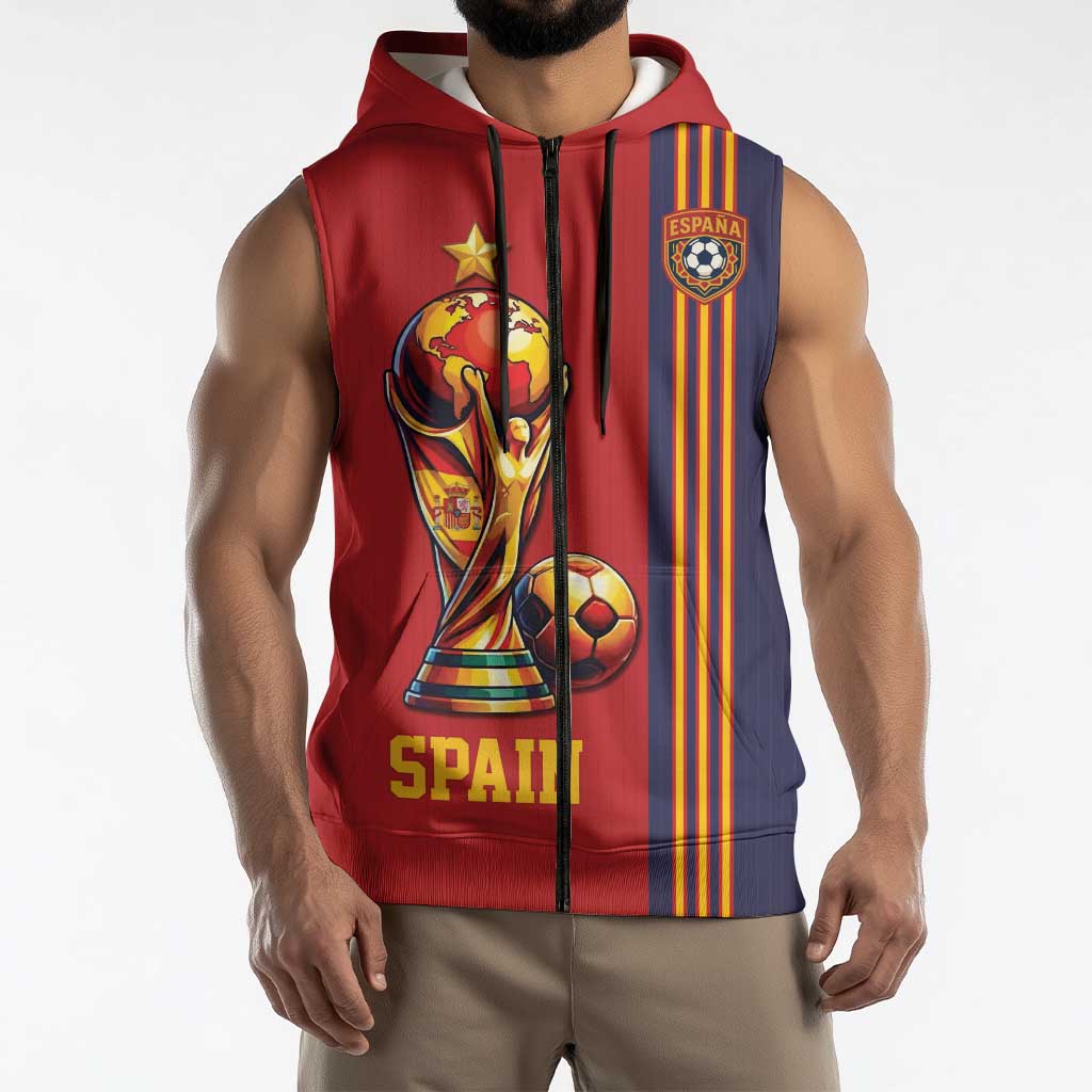 Custom World Football 2026 Spain Sleeveless Zip Hoodie Road To The Champions - Wonder Print Shop