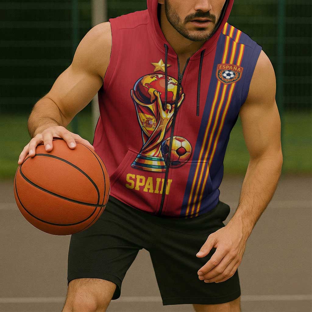 Custom World Football 2026 Spain Sleeveless Zip Hoodie Road To The Champions - Wonder Print Shop