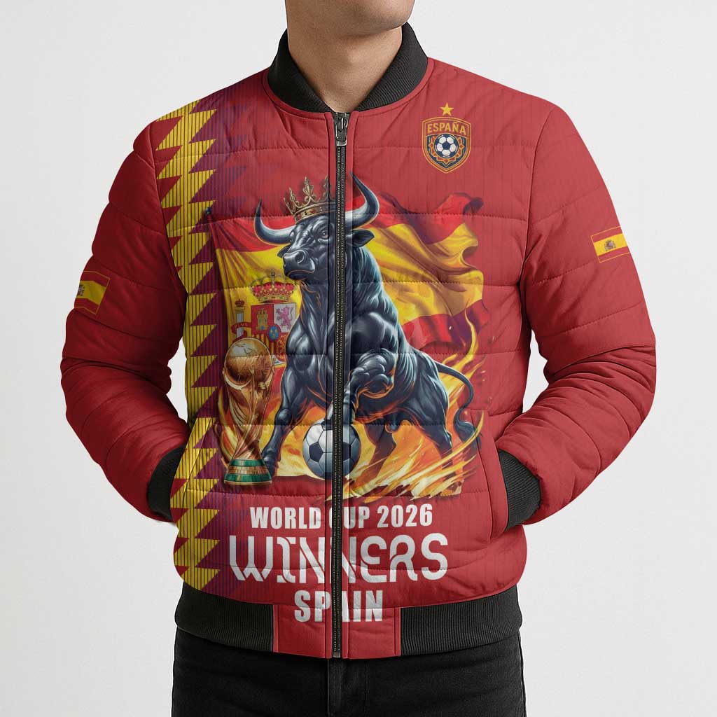 Custom World Football 2026 Spain Bomber Puffer Jacket Spanish Bull Rising Champions - Wonder Print Shop