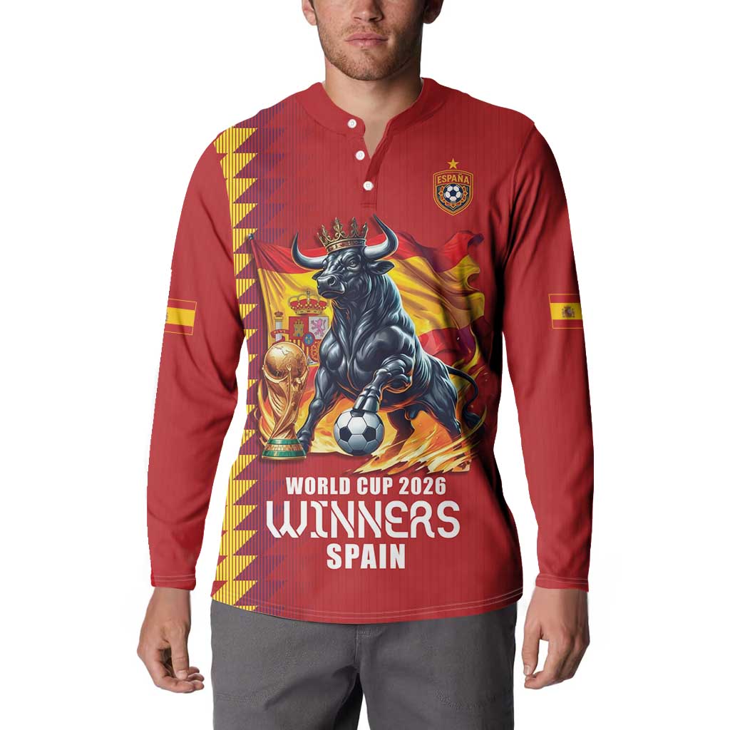 Custom World Football 2026 Spain Button Sweatshirt Spanish Bull Rising Champions - Wonder Print Shop