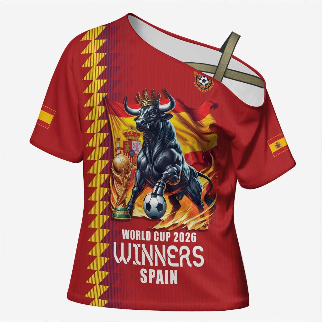 Custom World Football 2026 Spain Cross Shoulder Shirt Spanish Bull Rising Champions - Wonder Print Shop