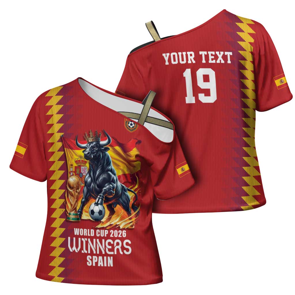 Custom World Football 2026 Spain Cross Shoulder Shirt Spanish Bull Rising Champions - Wonder Print Shop