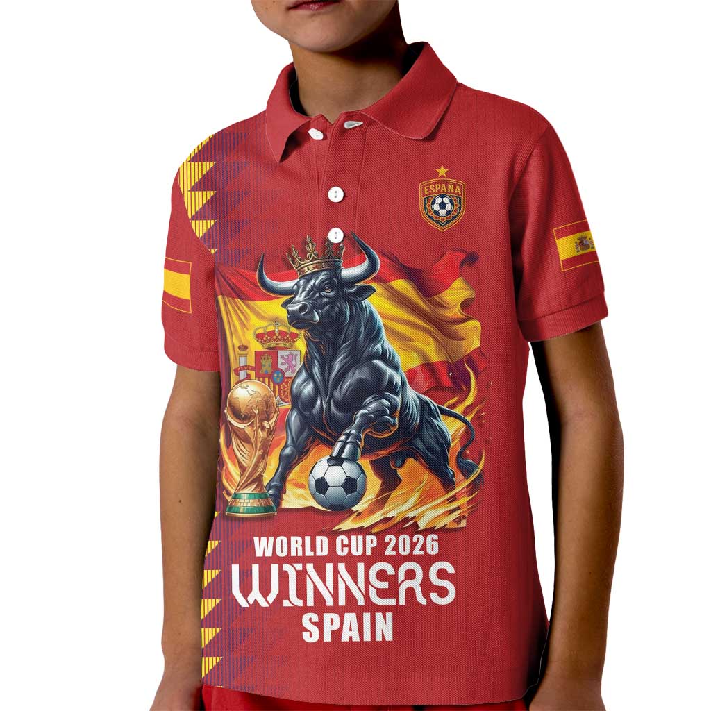 Custom World Football 2026 Spain Kid Polo Shirt Spanish Bull Rising Champions - Wonder Print Shop