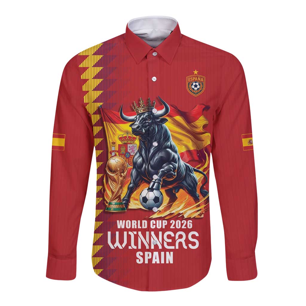 Custom World Football 2026 Spain Long Sleeve Button Shirt Spanish Bull Rising Champions - Wonder Print Shop