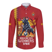 Custom World Football 2026 Spain Long Sleeve Button Shirt Spanish Bull Rising Champions - Wonder Print Shop