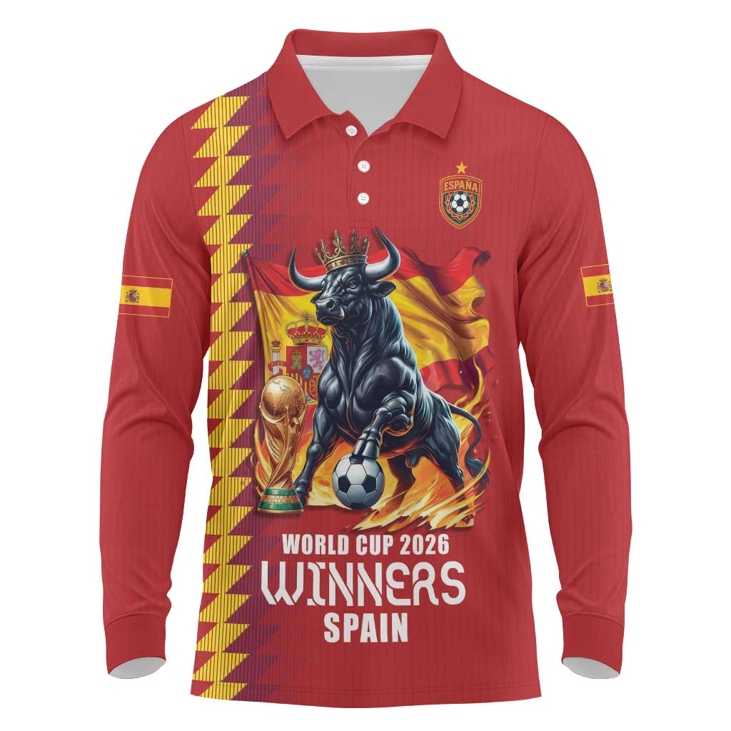 Custom World Football 2026 Spain Long Sleeve Polo Shirt Spanish Bull Rising Champions - Wonder Print Shop
