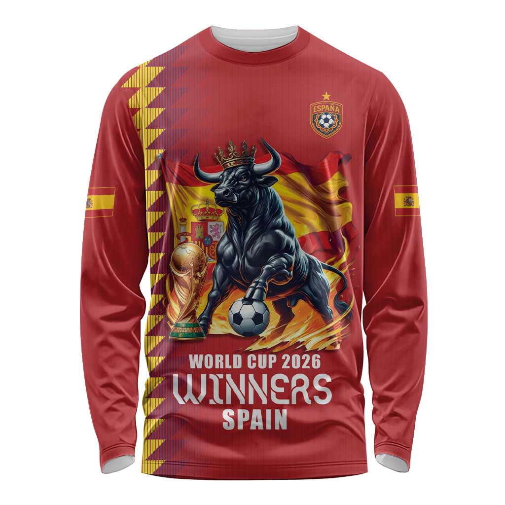 Custom World Football 2026 Spain Long Sleeve Shirt Spanish Bull Rising Champions - Wonder Print Shop