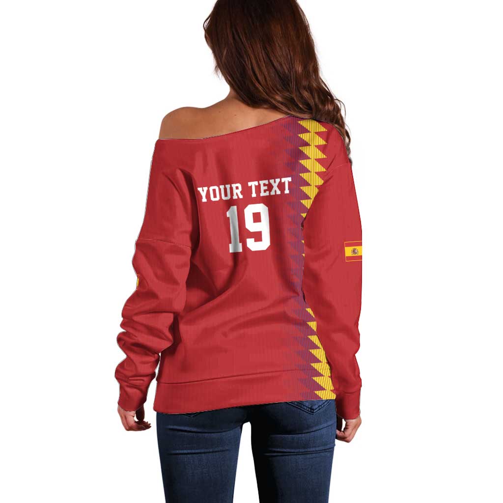Custom World Football 2026 Spain Off Shoulder Sweater Spanish Bull Rising Champions - Wonder Print Shop