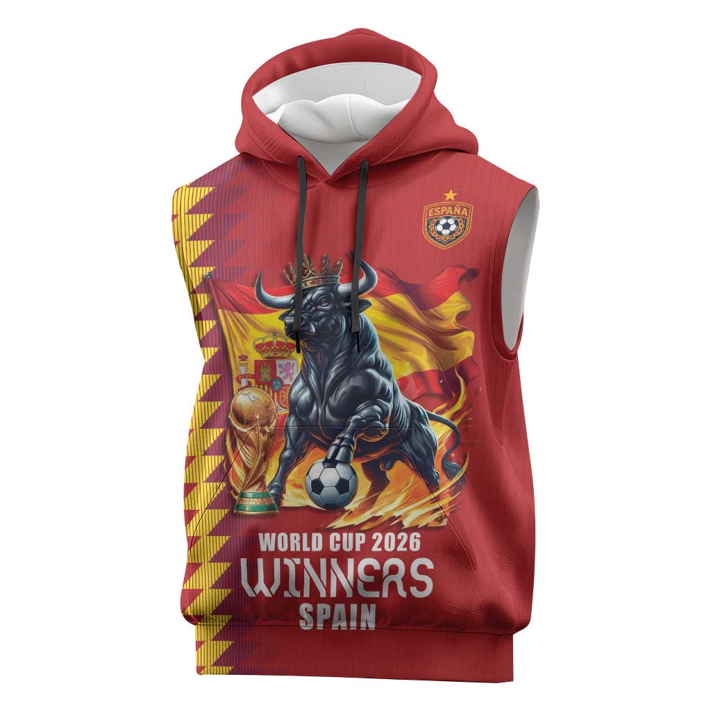 Custom World Football 2026 Spain Sleeveless Hoodie Spanish Bull Rising Champions - Wonder Print Shop