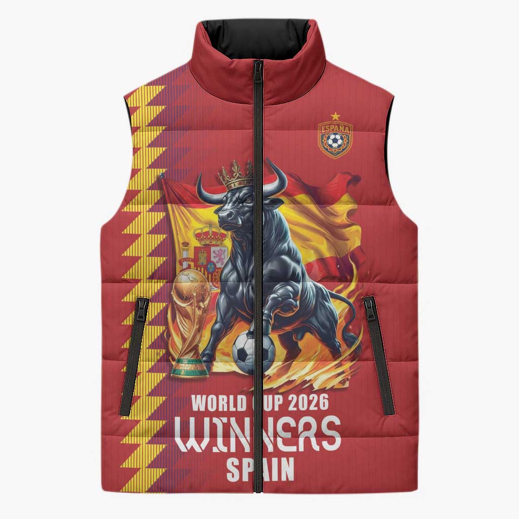 Custom World Football 2026 Spain Sleeveless Puffer Jacket Spanish Bull Rising Champions - Wonder Print Shop